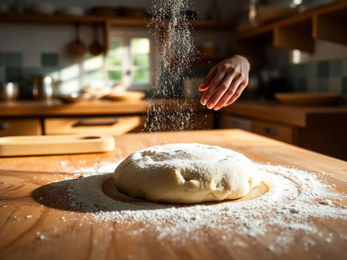 Baker dusting flour over dough on a wooden table