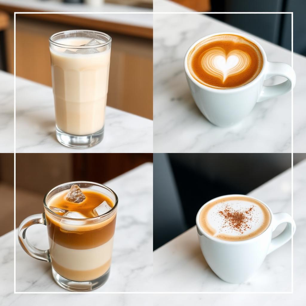 Square collage of iced latte, hot latte, cold brew and cappuccino